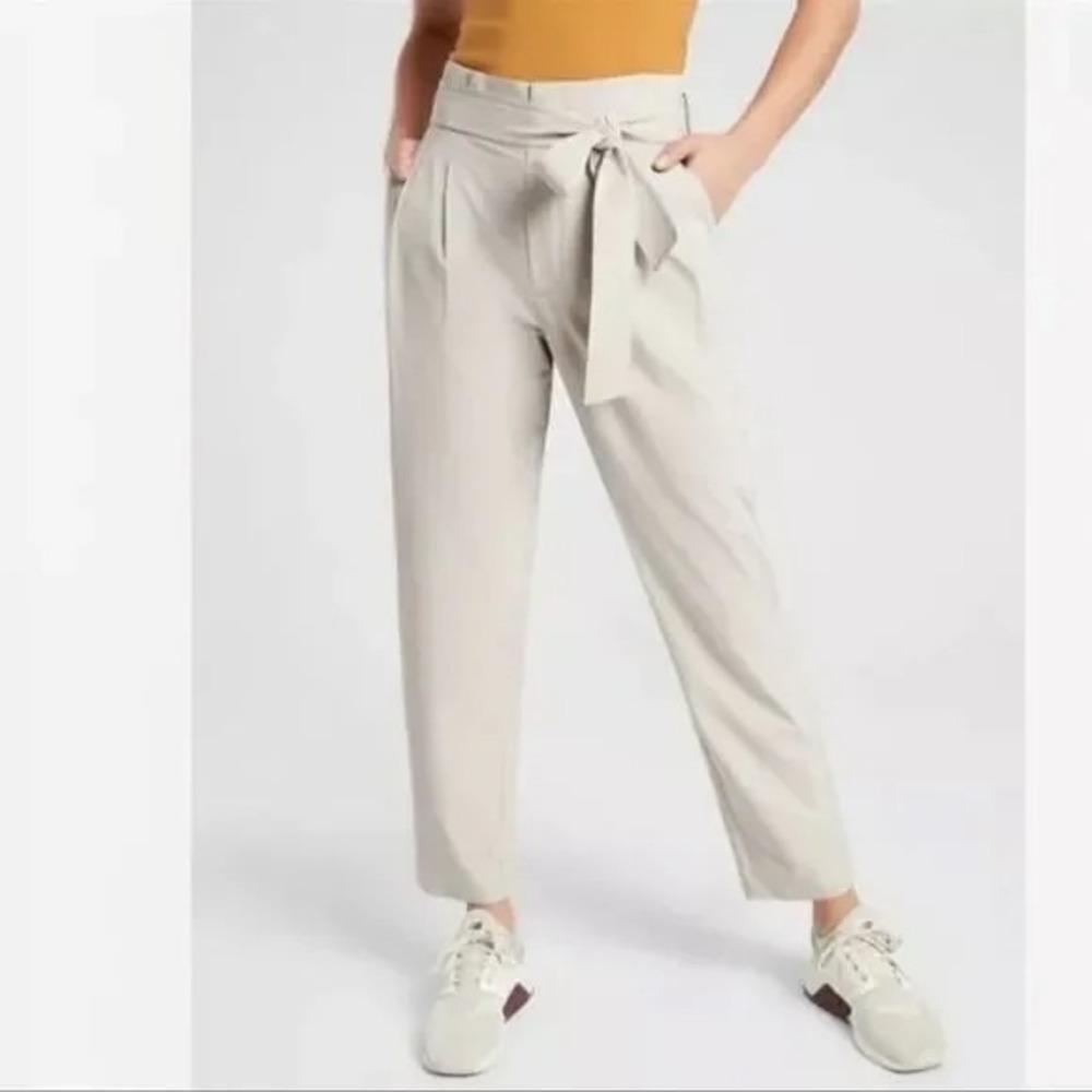 High-Waist Tie-Belt Paperbag Pants - Beige